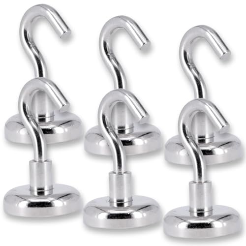 6 Stück Neodym Magnet Haken 25 mm - Magnethaken Extra Stark - 22 KG Zugkraft - Topfmagnet Hakenmagnete N52 Super Stark Topfmagnet mit M5 Gewinde