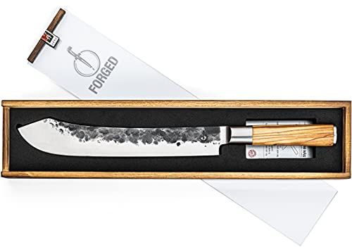 Smidd oliv metzgerkniv, Kniv 25,5 cm, handgjord, i trälåda