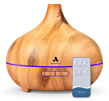 Aerosoul®Cone Aroma Diffuser für Ätherische Öle, Luftbefeuchter 500ml, Duftöl Diffuser, Auto-Off, 1,3,6,10h Nebel, 15 LED Farben, Aromatherapie Diffuser, Fernbedienung, Kunststoff Holz-Optik