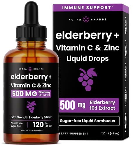 NutraChamps Organic Elderberry Syrup - Elderberry Extract with Vitamin C & Zinc - Black Elderberry Liquid Drops - Sugar-Free Immunity Booster, Vegan, Gluten-Free