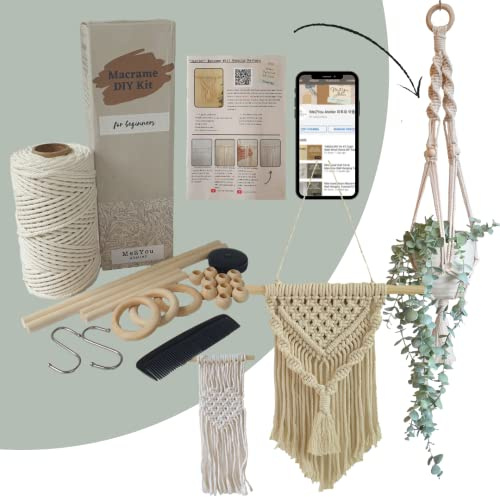 Kit de macramé para adultos principiantes, kit para colgar en la pared, kit para colgar plantas con 3 tutoriales de vídeo fáciles de seguir, cuentas de madera, etc.