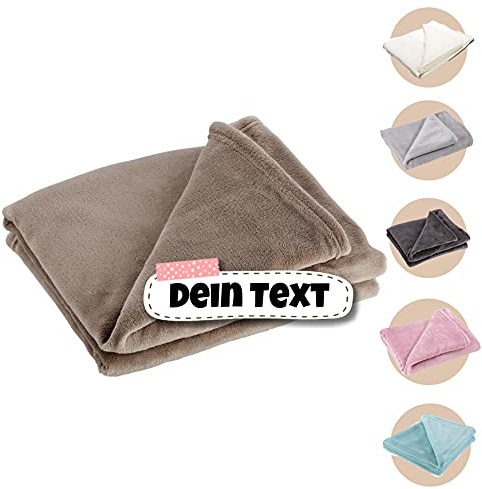 Coperta 130 x 160 cm, ricamata individualmente con nome, personalizzata con il testo desiderato, coperta in pile, coperta per divano, copriletto, nome (cappuccino)