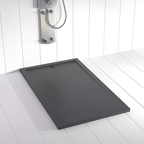 Shower Online Receveur de douche en résine FLOW - 80x80 - Texture Ardoise - Antidérapant - Anthracite RAL 7011 - Toutes les tailles disponibles - Y compris la Grille en Couleur Anthracite et la Bonde