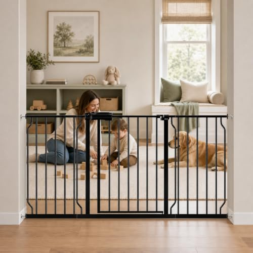 WAOWAO - Barrera de seguridad extra ancha para bebé, fijación por presión, cierre automático, de metal negro, para escaleras, puertas, cocina, 146 a 158 cm