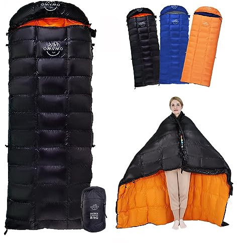 OMVMO Daunenschlafsack für Erwachsene, leicht, 4-Jahreszeiten-Umschlag, rechteckig, für Rucksackreisen, Camping, schwarz, Reißverschluss rechts, regulär, 15 Grad F 650 Grad F