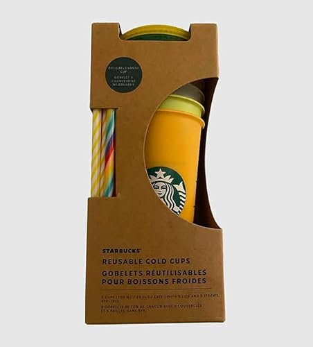 STARBUCKS Juego de 5 vasos fríos reutilizables que cambian de color 2022, con tapa y popote, 709 ml