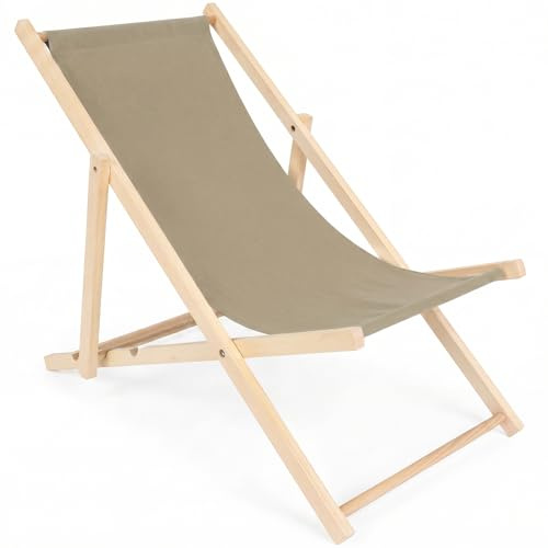 specwood Liegestuhl Holz klappbar leicht 3-Fach verstellbar stabil bis 120 kg Buchenholz Strand für Garten Balkon Camping Strandstuhl - Beige