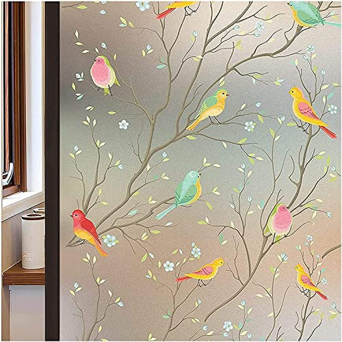 Lifetree Fensterfolie Blickdicht, Selbsthaftend Milchglasfolie, Sichtschutzfolie Fenster, Sonnenschutzfolie Statisch Haftend Anti UV Dekorfolie Vogel für Wohnzimmer und Büro 44.5 * 200cm