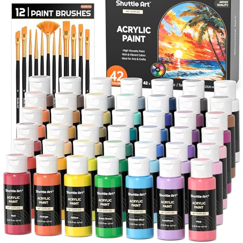 Shuttle Art akrylfärg, 42 färger akrylfärg set med 12 färgborstar, 60 ml flaskor, rikt pigmenterat, vattentåligt, premiumfärger för konstnärer, nybörjare och barn på duk stenar trä keramik
