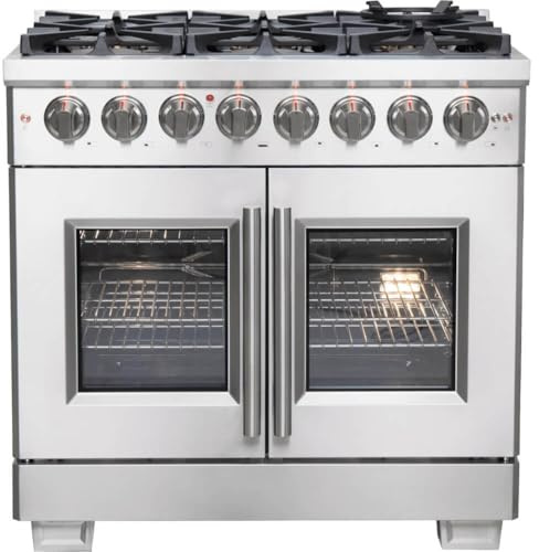 Forno Capriasca Dual Fuel 36 Inch. Freestanding French Door Range 6 Burners Cooktop and 5.36 Cu.Ft. Electric Convection Oven - Stainless Steel Stove Range Heavy Duty Cast Iron Grates