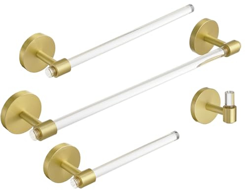 Set di 4 accessori da bagno dorati in acrilico rotondo da parete – include barra per asciugamani da 40,6 cm, porta carta igienica, ganci per asciugamani, kit di accessori per il bagno
