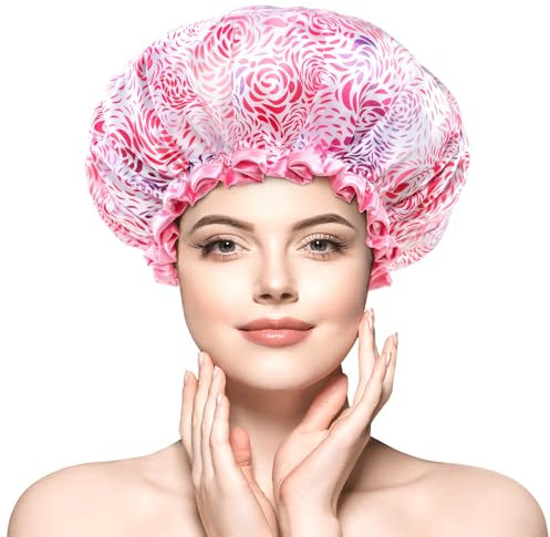 mikimini Große Duschhaube für Frauen und Mädchen mit Langem, Dickem Haar, Elegantes Rosa Blumenmuster, Wiederverwendbar, Wasserfest und Doppelwandig – Perfekt für Einen Romantischen, Femininen Touch