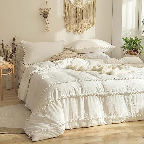 Yaofeiou Chic Weiß Böhmen Bettwäsche 220x240 3Teilig Exquisit Pom Pom Bettwäsche Boho Stil Flauschig Quaste Bettbezug Doppelbett Weich Gewaschene Microfaser Bettwäsche mit 2 Kissenbezug 80x80