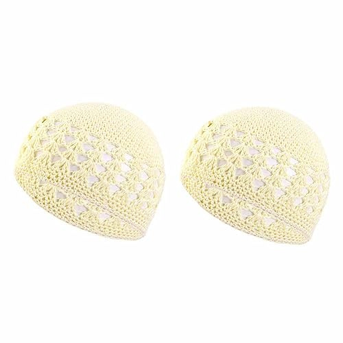 SHTGOI 2 Stück Gestrickte Kufi-Mützen Handgemacht Häkelmütze Baumwolle Strickmütze Totenkopf-Mützen Haarnetz Kappe Gebetsmütze Islam atmungsaktive Beanie-Mütze für Sommer Männer und Fraun Beige