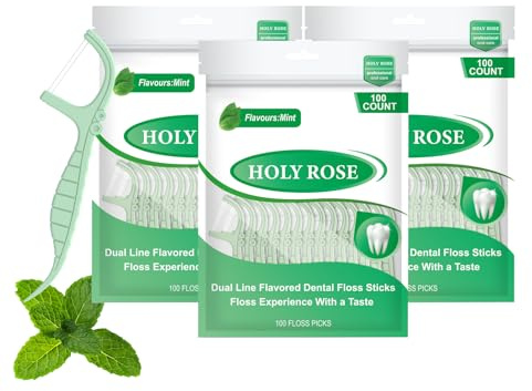 Holy Rose Twin Line Dental Floss Picks - 300 Count Pack, for Adults Flossers,Mint Flavor, Dual-Action Cleaning Teeth, Flossing Sticks Toothpicks Oral Tool Kit