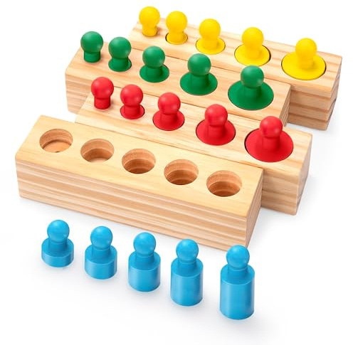 Montessori Zylinderblöcke Steckpuzzle Spielzeug, 20 Knöpfe Blöcke Einsatzzylinder, Sortierspiel & Steckspiel Regenbogen Holzpuzzle, Lernspielzeug Zylinder Buchse für Kinder die frühe Entwicklung