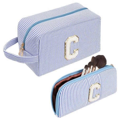 Kosmetiktasche Reise,Make up Tasche,Niedliche Initialen Cord Blau Kosmetiktasche, Geschenk für Frauen, Freundinnen, Beste Freunde mit Kleinen Kosmetiktasche(C)