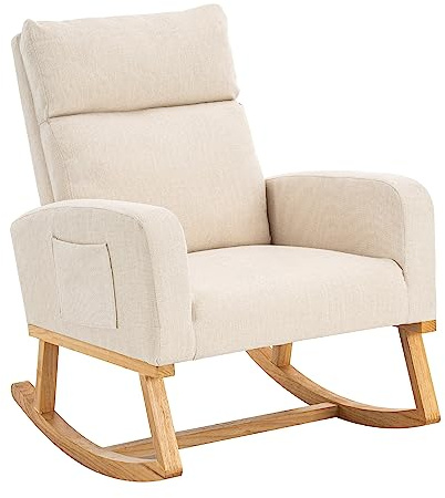HOMYKA Rocking Chair Nursery, Upholstered Nursing Rocker Chair for Mom with High Backrest and Side Pockets for Bedroom Living Room, Beige