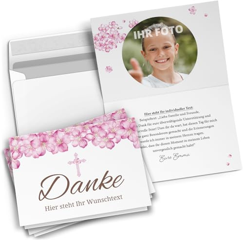 10 personalisierte Dankeskarten mit Text & Foto - Danke Kirschblüten Karten | Dankeskarte Kommunion Konfirmation Taufe Hochzeit kirchlich mit Umschlägen selbst gestalten