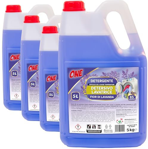 ONE - 20 Litri di detersivo liquido LAVATRICE ai FIOR DI LAVANDA (Pacco con 4 x taniche da 5 lt ciascuna - 85 lavaggi per tanica) - Detergente liquido efficace gia' a basse temperature.