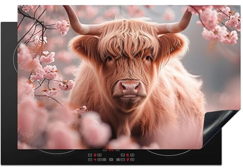 KitchenYeah© Herdabdeckplatte Einteilig Ceranfeld Abdeckplatte Küche Deko | 80x52 cm - Ceranfeldabdeckung Herdabdeckung Induktionsmatte Schottisches Hochlandrind - Blüte - Rosa - Kuh
