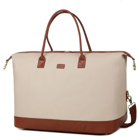 Baosha HB-14 Damen-Reisetasche, veganes Leder, Wochenendtasche, Übernachtungstasche, groß, stilvoll, Beige, 21 inches x 13 inches x 9 inches, Reisetasche für Damen