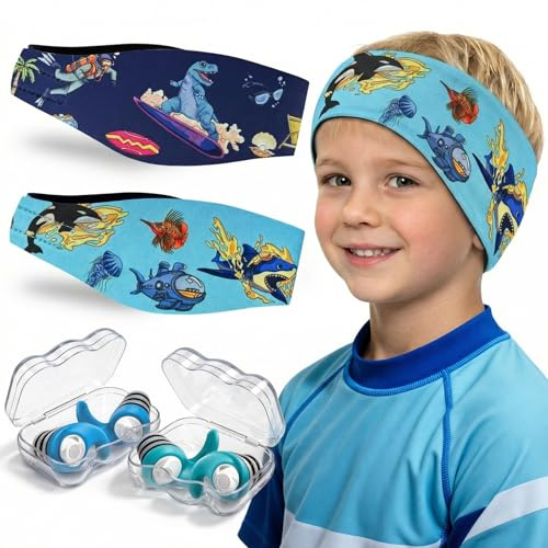 Swimming Headband for Kids - 2 Pairs Waterproof Ear Plugs & Adjustable Swim Ear Band,Keep Water Out and Hold Earplugs in - Water Headband for Surfing, Diving, Pool, Showering, and Beach