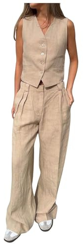 Generico 2024 Completi da Donna 2 Pezzi Set Gilet con Scollo a V Senza Maniche Pantaloni a Gamba Larga Due Pezzi Completo Set Estate Lino Abbinato Tuta Eleganti Donna Estivo