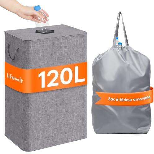 Lifewit 120L Pfandflaschen Sammelbehälter mit Deckel, Hellgrau | Faltbarer Pfandsammler mit Flaschentasche, Flaschensammler für Leergut in Küche und Abstellraum