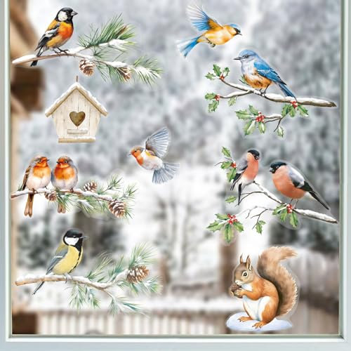BETESSIN Fensterbilder Winter Vögel - 6 Bögen Weihnachten Fensterbilder Selbstklebend - Statisch Haftende Fensteraufkleber - Wiederverwendbare Fensterdeko für Winter und Weihnachten