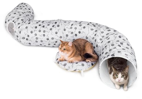 Ownpets Katzentunnel mit Katzenbett für Indoor Katzen, L-190CM, Dia-30CM, flauschig, Runder Katzentunnel XXL mit Katzenspielzeug, Abnehmbar, Weiß