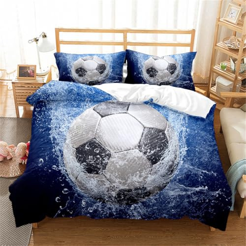 Tomifine Set Copripiumino Calcio 3 Pezzi Calcio Sport Biancheria da Letto per Bambini Ragazzi Ragazze Morbido Microfibra Copripiumino con 2 Federe (Doppio 200x200 cm,Blu)