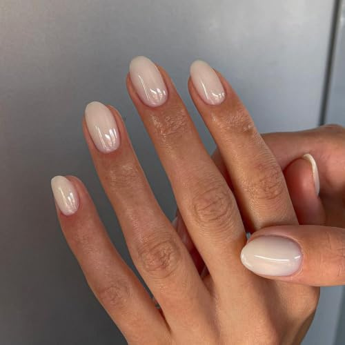 Milky White Press On Nails Short Oval, SXVME Short False Nails Press ons, Simple Fake Nails Almond, Natural Fit Glossy Solid Gel Full Cover Round Acrylic Nails For Women Daily Wear