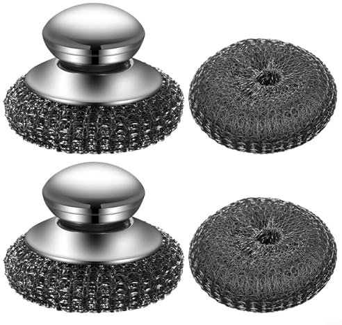 2pcs Stainless Steel Wool Brush Set, with 2 Replacement Heads for Pots and Pans Cleaning, Ergonomic Handle, Long-lasting Material, Efficient Grease Removal, 10cm Diameter