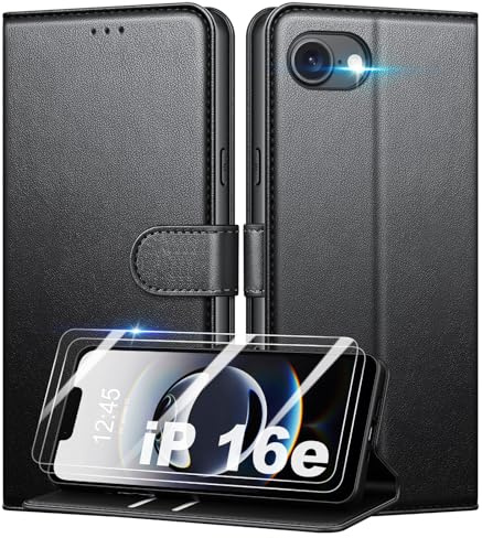 Mofurd Fodral för iPhone 16e / iPhone 17e + 2 skärmskydd i härdat glas, [RFID-blockering] Premium PU-läderfodral med lock [kortplatser] [Stöd], svart