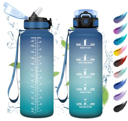 Trinkflasche Sport 1.5L, Auslaufsicher Wasserflasche Kohlensäure Geeignet, Trinkflasche mit Zeitmarkierung, Wasserflasche mit Strohhalm, Sportflasche für Oudoor, Sprudel, Camping, Fahrrad, Fitness