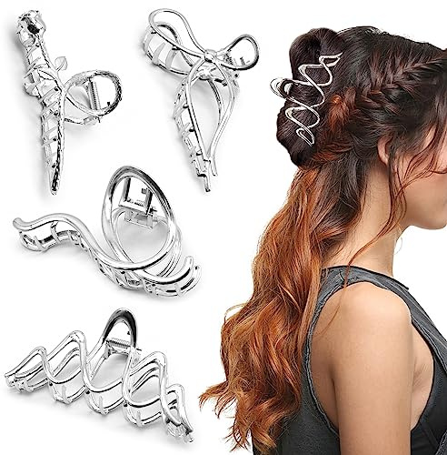 OVBOVA 4 Stück Große Haarklammern,Silber Metall Krallenspangen Haarspangen Damen Haarkrallen Clips Haarclips Haar-Accessoires Klauenklemme Rutschfeste Klaue Clips für Dickes Dünnes Langes Haar