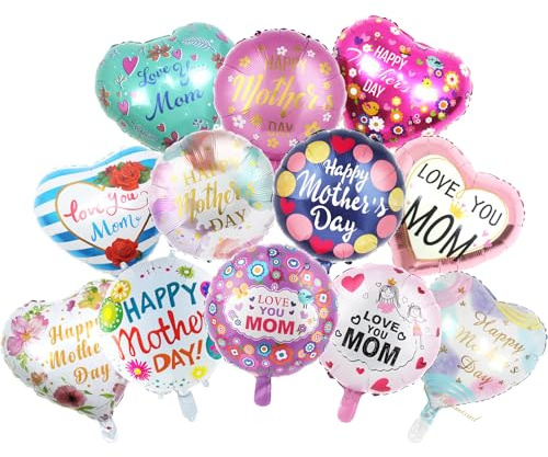 12 Pcs Happy Mother's Day Foil Balloons, 18 inch Balloon for Mother's Day, Heart Balloons Decorations, Mothers Day Balloon for Mothers Day Birthday Party Supplies