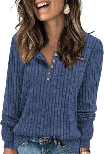 Tanmolo Damen Leichte Strickpullover Langarm Henley Shirt Herbst lässig Rundhals-Knöpfe Elegant Sweatshirt Tunika Tops Denim-blau, M