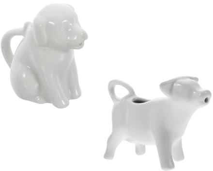 Holibanna Animal Shape Ceramic Creamer and Milk Jug Set 2pcs 40ml Each Hand-Painted White Dog and Cow Milk Pitcher with Handle for Coffee and Tea Serving