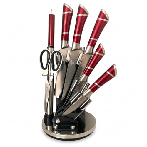 8 Piece Kitchen Knife Set with Rotating Stand, Stainless Steel Knife Block Set with 5 Knives, Kitchen Scissors & Sharpener, Non-Stick Blades, Space Saving 360° Holder Stand, Chopping & Slicing (Red)