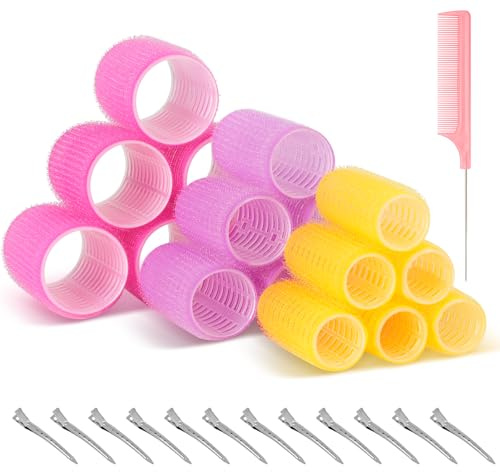 Romon Set di Bigodini, 31 pezzi Colorati Senza Calore, Autoadesivi 40mm 30mm 20mm con 12 Pezzi di Clip per Capelli 18 Hair Rollers 1 Pettine Grande