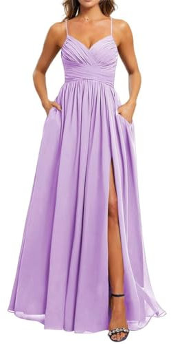 Vestido de gasa para mujer con abertura, vestidos de dama de honor para boda, plisados, vestidos de ceremonia, talla grande, Lila, 44