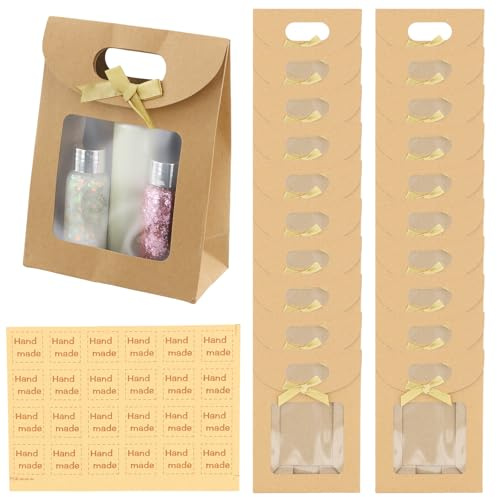 Ziyonix 20 Stück Braune Kraftpapier Verpackungsbeutel mit Einen Aufkleber Geschenktüten mit Sichtfenster und Griffen Papiertüten zum Verpacken von Bankett Geschenken Süßigkeiten Keksen,16 x 12 x 6cm