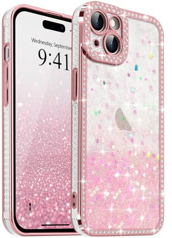 Ethanger Cover Glitter per iPhone 15 Plus/14 Plus Trasparente Gradiente Bling Sparkle Cuore Paillettes Cover con Cristallo Diamanti per Donne Ragazze TPU Antiurto Custodia Protettiva Rosa
