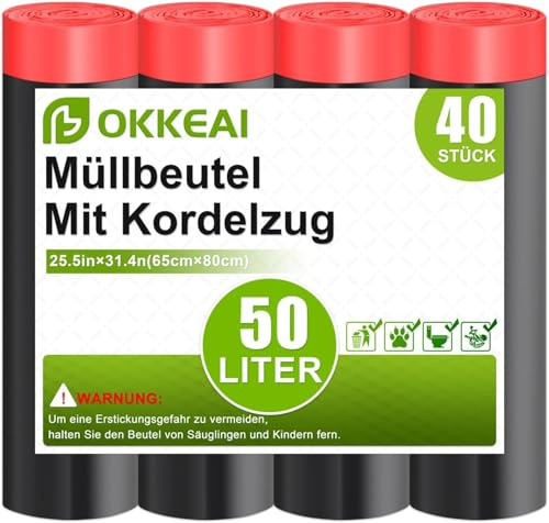 OKKEAI Sacs Poubelle 50L avec Liens Coulissants – 40 Pièces Sacs Noirs, Épaissis et Anti-Fuite, Sac à Ordure Résistants pour Cuisine, Bureau, Extérieur
