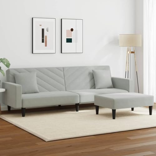 Qnhdfrt Schlafsofa Hellgrau Samt 2-TLG. mit Kissen, Kompaktes Ausziehbett Sofa mit Fußhocker und Verstellbarer Rückenlehne für Wohnzimmer Balkon Jugendzimmer