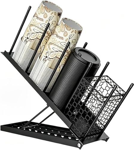 Ruaizel Porte Gobelet avec Couvercle, Porte-Gobelet Réglable à 4 Compartiments Jetables avec Panier, pour Station de Café, Bar, Comptoir, Métal (noir)