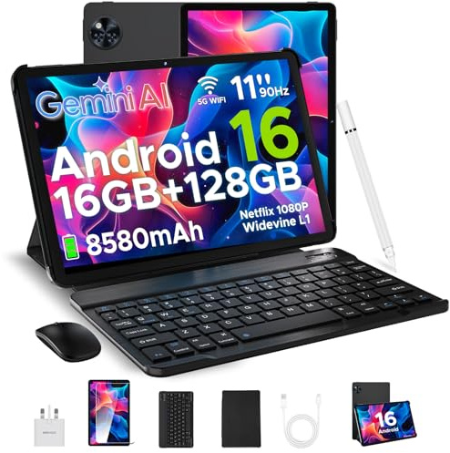 DOOGEE U11 Android 16 Tablet 11 inch Tablets with 16GB RAM+128GB(2TB) ROM 8580mAh Battery, 90Hz IPS Screen Android Tablets with pen, 13MP+5MP Camera Wifi Gaming Tablet with Keyboard Mouse Case-Black