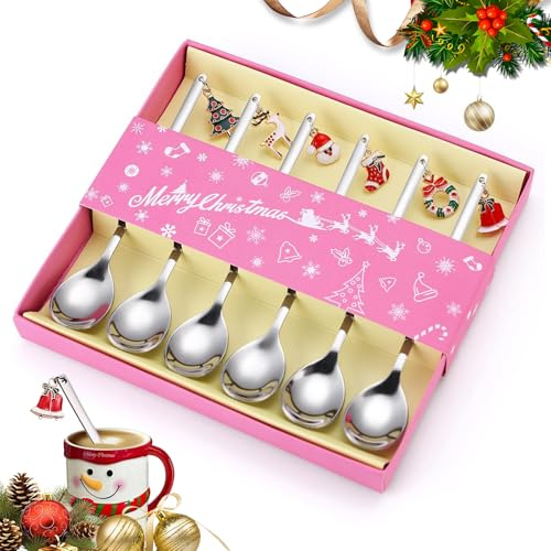 Kleinigkeiten für Adventskalender, panemy Cucharas de Postre, Cucharitas de Cafe, Cubiertos Navidad, Juego de Cubiertos Navidad, Decoracion Mesa Hogar, Para los Amantes del Café (6, DY6)